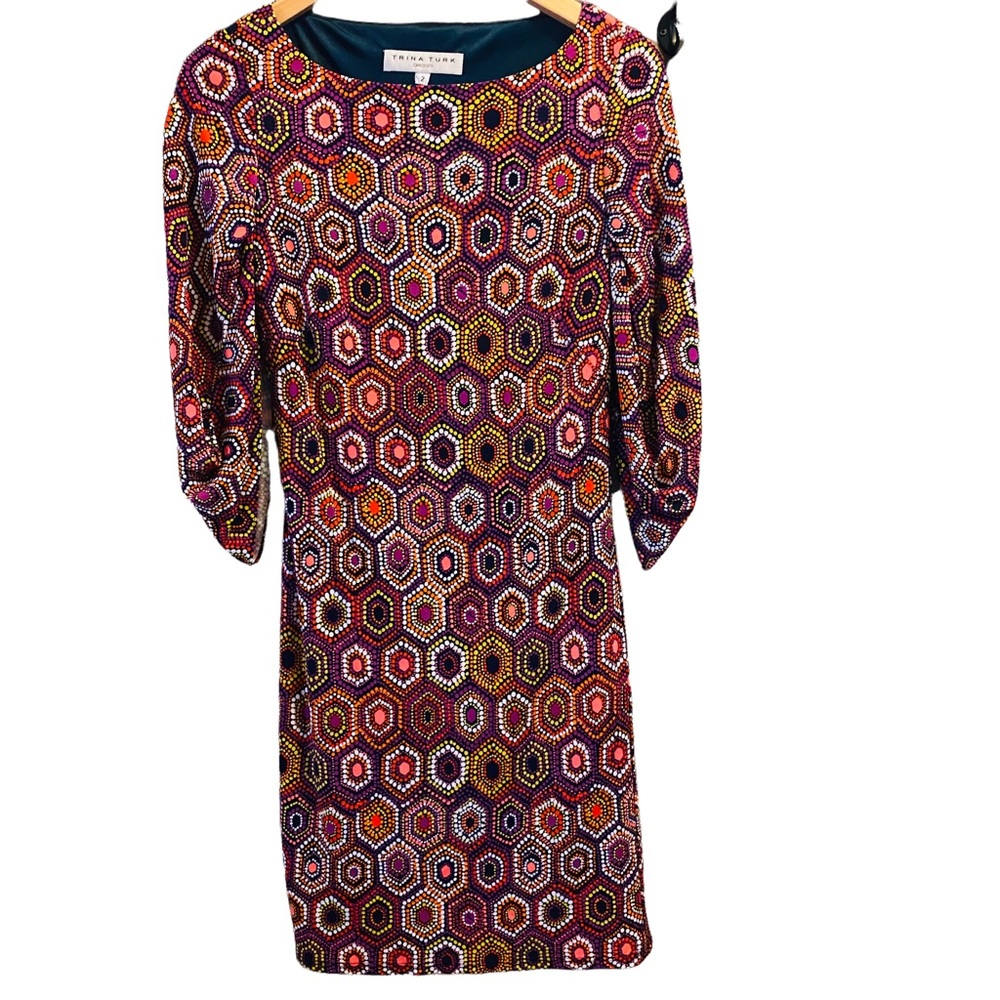 TRINA TURK Geometric Long Sleeve Retro 70s printed dress